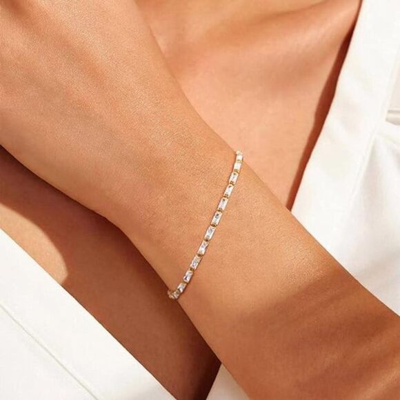 Simulated Diamond Gold Tennis Bracelet Tennis Chain Baguette Bracelet Pave CZ - Picture 3 of 5